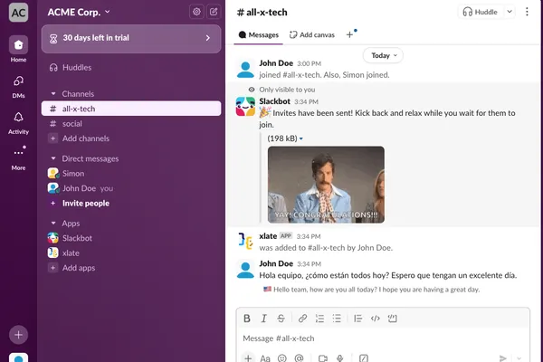 Vorbee working in a Slack channel showing automatic translation