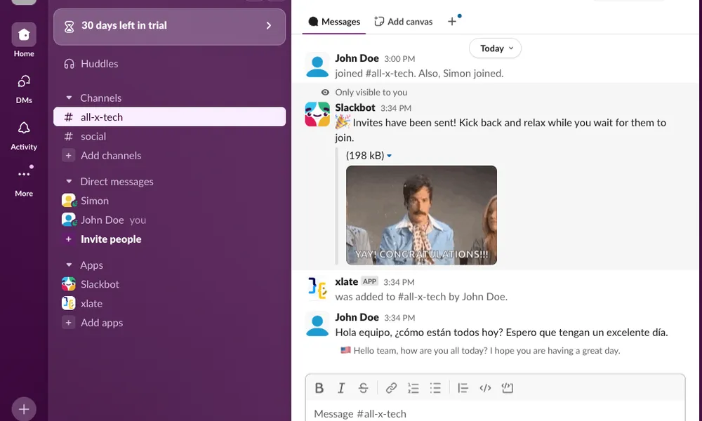 Vorbee automatic translation demo showing real-time message translation in Slack channel