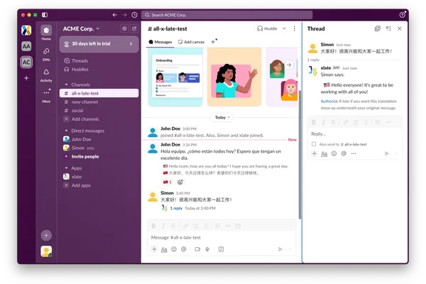 Slack interface showing privacy-first translation