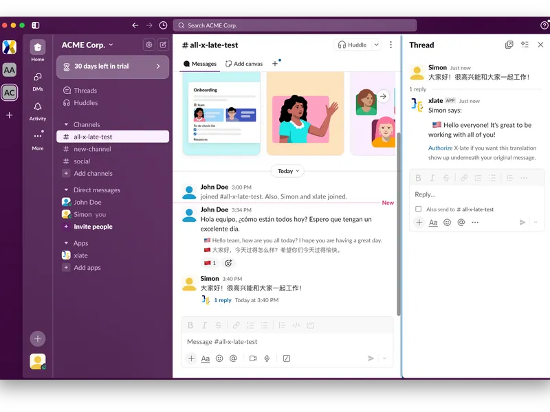 Vorbee automatic translation in Slack showing real-time message translation